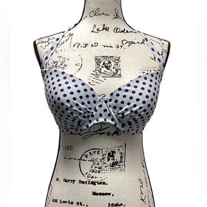 Wolf & Whistle halter bikini top. Navy on white polka dots. 36F
